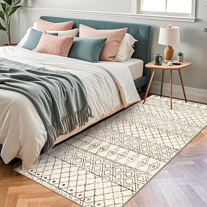 3x6 Washable Kitchen Runner Rug: Non Slip Moroccan Hallway Runners - Low Pile Soft Farmhouse Neutral Carpet for Bedroom Entryway Laundry 3x6 Geo Beige