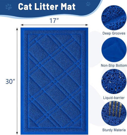 Smiry Cat Litter Box Mat 30x17, Non-Slip Water Resistant Litter Trapping Mat, Easy Clean Less Waste and Urine-Locking Cat Carpet for Indoor, Blue
