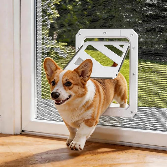 LIBBEPET Dog Door for Screen Door, 2-Way Lock Dog Screen Door with Magnetic Closure, Reinforced ABS Frame Pet Screen Door for Dogs Up to 50 lbs, Inner Passage 10 x 13 Inches, White