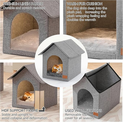 Indoor Dog House with Washable Plush Cushion - Small Size, Suitable for Small Dogs & Adult Cats