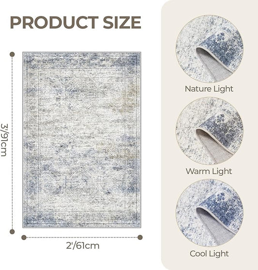 2x3 Washable Rug Runner for Bathroom, Soft Entryway Rug for Laundry Room, Kitchen, Vintage Abstract Hallway Runner for Bedroom, Anti-Slip Door Mat Indoor Entrance(2'x3', Blue/Brown/Ivory)