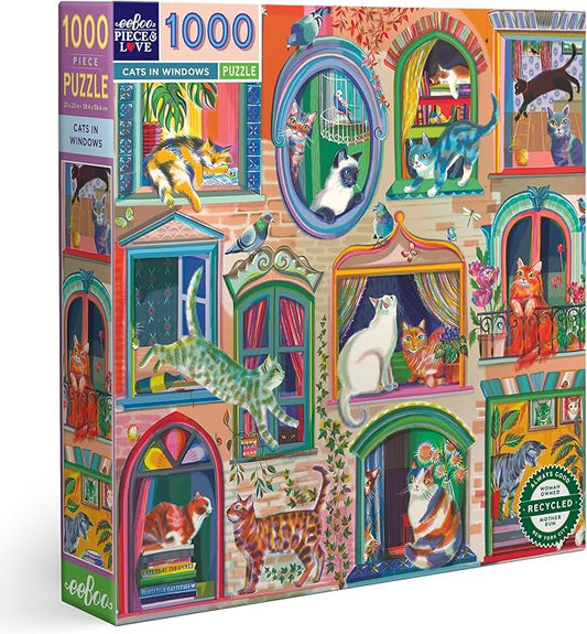 eeBoo 1000 Piece Puzzle - Cats in Window Jigsaw Puzzle for Adults, Square 23" x 23" Made with Recycled Board & Vegetable-Based Ink