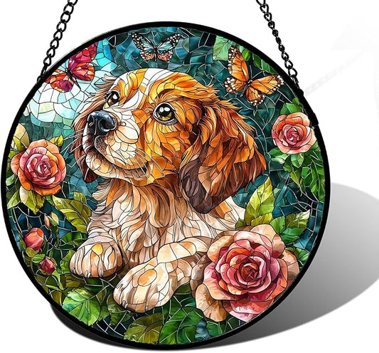 Stained Glass Window Hanging, Dog and Rose Suncatcher for Doors Home Butterfly Sun Catchers Decoration and Christmas, Mother's Day Birthday Gifts for Women, Men, and Mom 11.8x11.8 in