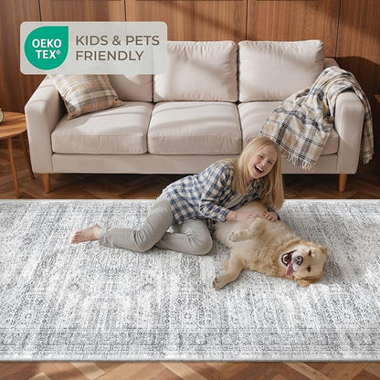 3x20 Washable Runner Rug for Hallway, Non-Slip Long Hallway Runner for Entryway, Soft Vintage Kitchen Mats for Floor, Abstract Dining Room, Bedroom, Living Room Rugs(3'x20', Grey/Ivory)