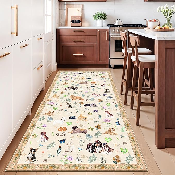4x8 Washable Kitchen Animal Rug: Cute Dog Printed Rugs with Non-Slip Rubber Backing Soft Floral Carpet for Bedroom Nursery Low-Pile Floor Mat for Entryway Living Room Dining Room(4x8,Beige/Dog