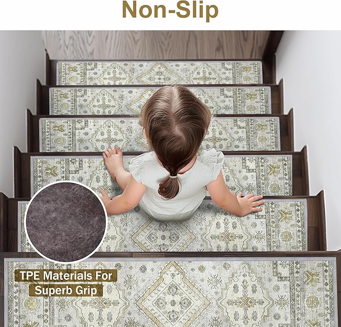 Non Slip Stair Treads for Wooden Steps 15PCS - 8"x30" Indoor Safety Carpet, Edging Mats with TPE Adhesive Backing, Pet and Elderly Friendly Stair Rugs (Grayish)
