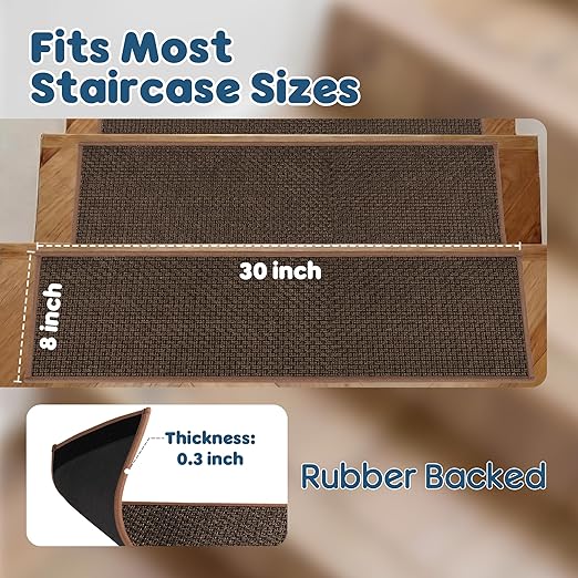 GOYLSER Peel and Stick Stair Treads with Rubber Backed Pack of 15, Jute Stair Rug Staircase Step Treads, Reusable Stair Pads Step Mats for Bare Feet, 30"x8", Light Brown