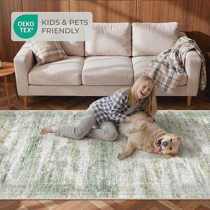 Rug Runners for Hallways Non Slip - 2x8 Runner Rug for Bedroom, Washable Runner with Rubber Backing, Soft Low-Pile Carpet for Kitchen, Laundry, Bathroom (2'x8', Green/Yellow/Ivory)