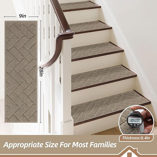 BEQHAUSE Edging Stair Treads for Wooden Steps 9" x 28", Non Slip Carpet Stair Treads Indoor Stair Runners, Soft Stair Rugs, Machine Washable, 100% Polyester, TPE Backing, 15pcs, Beige