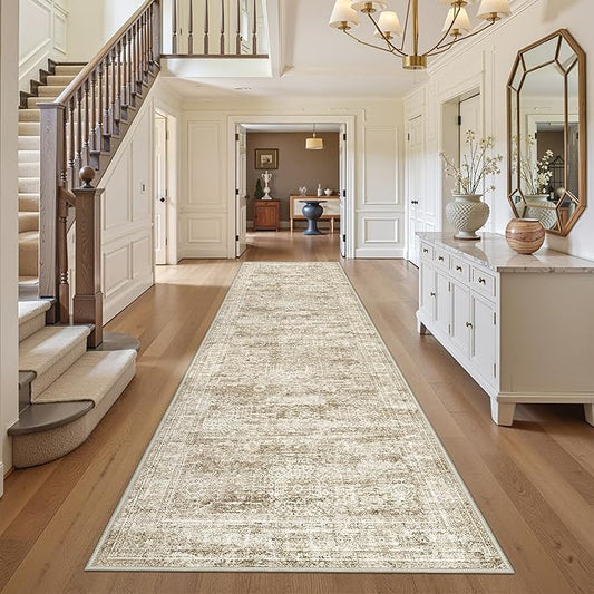 3x12 Runner Rug for Hallway, Non-Slip Long Bathroom Rugs Runner for Kitchen, Bedroom, Soft Vintage Abstract Washable Rug for Entryway, Thin Floor Mat for Dining Room(3'x12', Brown/Ivory)