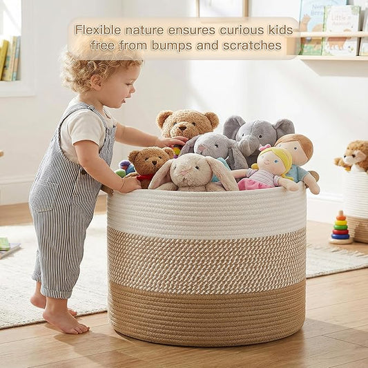 40L Large Cotton Rope Basket, Decorative Woven Blanket Storage for Living Room, Boho Toy Storage & Toy Box for Kids, Versatile Laundry Basket & Nursery Hamper for Blankets(Brown)