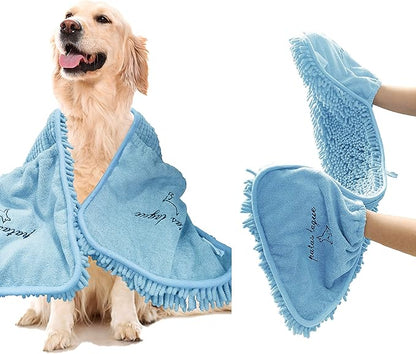 Patas Lague Absorbent Dog Towel for Drying Dogs Large, 35''x15'' Extra Large Microfiber Quick Drying Pet Bath Towel with Hand Pockets, Machine Washable Pet Shammy Blue