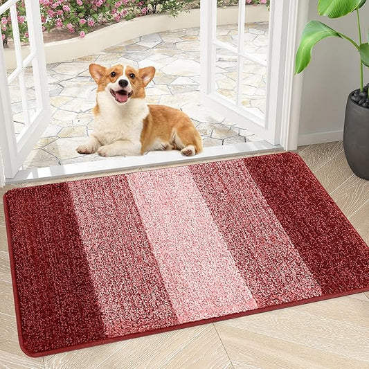 Smiry Dog Door Mat for Muddy Paws, Absorbs Moisture and Dirt, Low-Profile Entryway Mat with Non-Slip Backing, Entry Indoor Outdoor Doormat for Inside Floor (30x17 Inches, Burgundy, Striped)
