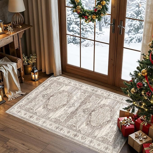 Washable 2x4 Entryway Area Rugs: Ultra Soft Low Pile Nursery Kitchen Carpet Indoor Light-Weight Doormat Anti-Slip Thin Entry Rug for Living Room Bedroom Small Vintage Floor Mat(2x4,Beige)