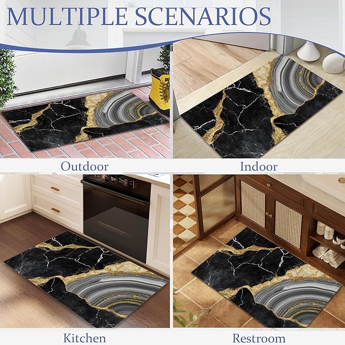 Indoor Rugs for Entryway,Black Gold Marble Welcome Mat for Home,Modern Simple Low Profile Entrance Rugs Non-Slip Doormats for Back Door Patio, Porch,Home Stairway,30 x 17 Inch