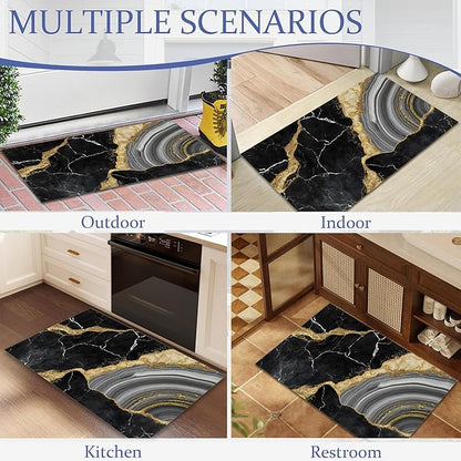 Indoor Rugs for Entryway,Black Gold Marble Welcome Mat for Home,Modern Simple Low Profile Entrance Rugs Non-Slip Doormats for Back Door Patio, Porch,Home Stairway,30 x 17 Inch