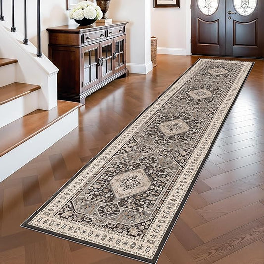 2x8 Halway Washable Runner Rug - Ultra-Soft Wide Kitchen Carpet with Non Slip Backing Stain Resistant Bedroom Laundry Rugs Durable Vintage Distressed Floor Decoration Mat for Bathroom 2x8 Black