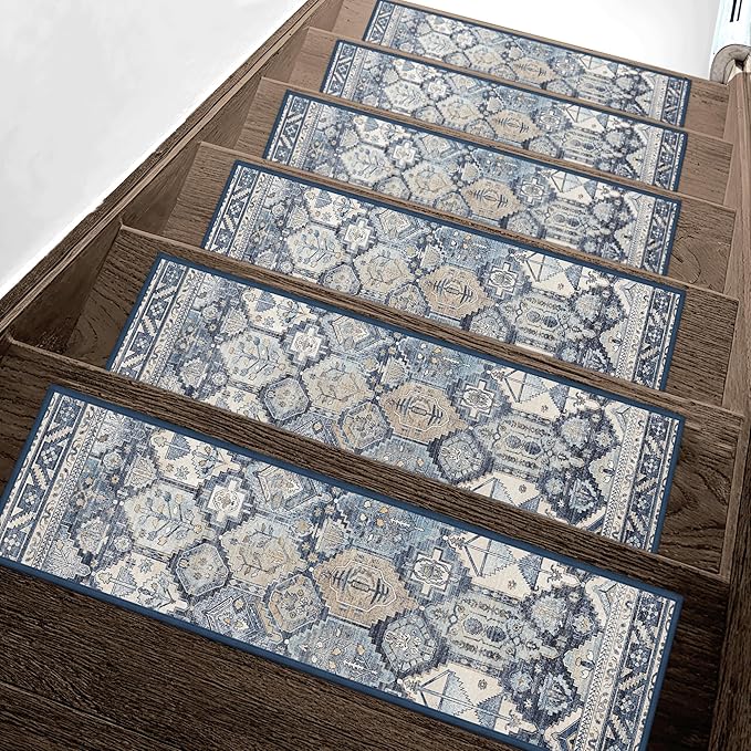 Carpet Stair Treads Non Slip 15PCS, 8" X 30" Edging Stair Runner for Wooden Steps Indoor, Resistant Stair Rugs with Reusable TPE Adhesive Backing, Residue Mat for Elders, Pets, Denim/Pearl
