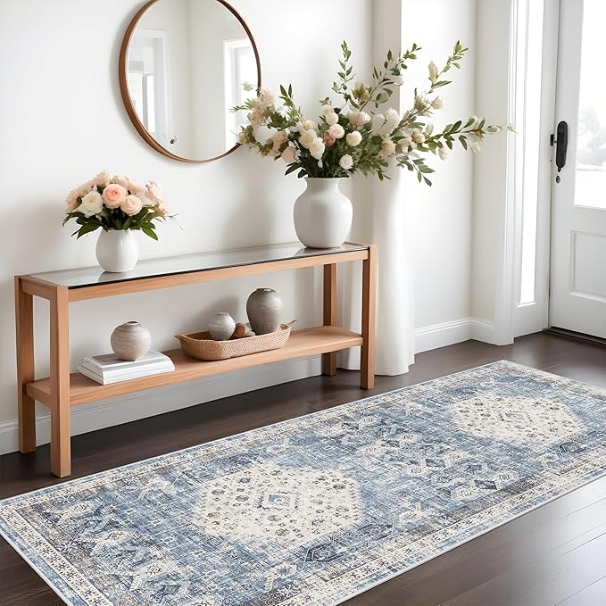 RUUGME Washable Kitchen Runner Rug 3x8 - Non Slip Stain Resistant Hallway Bedroom Rugs Ultra Thin Vintage Distressed Rug for Living Room Bedroom Laundry Room Home Decoration Mat 3x8 Aqua Blue