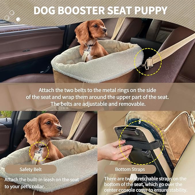 Johnear Puppy Dog Booster Seat for Small Dog up to 28 lbs Outing Car Travel, 3 in 1 Portable Pet Handbag Sofa Dogs Car Center Console Seats Winter Warm Pet Carrier with Safety Belt for Passenger Seat