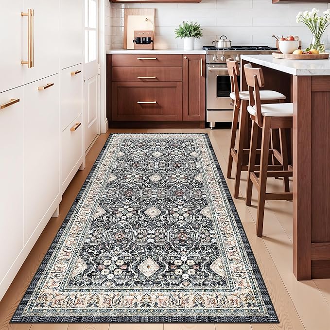 4x8 Washable Kitchen Area Rug: Farmhouse Stain-Resistant Rug for Living Room Bedroom Wide Soft Carpet for Entryway Dining Room Thin Hallway Floor Mat with Non Slip Backing Vintage Home Dcor(4x8,Black)
