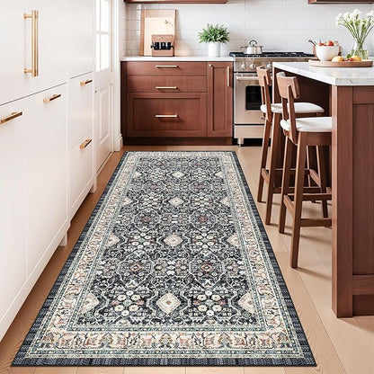 4x8 Washable Kitchen Area Rug: Farmhouse Stain-Resistant Rug for Living Room Bedroom Wide Soft Carpet for Entryway Dining Room Thin Hallway Floor Mat with Non Slip Backing Vintage Home Dcor(4x8,Black)