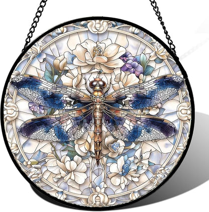 Stained Glass Window Hanging, Dragonfly Flower Suncatcher for Doors Home Sun Catchers Decoration and Christmas, Mother's Day Birthday Gifts for Women, Men, and Mom 14.9x14.9 in