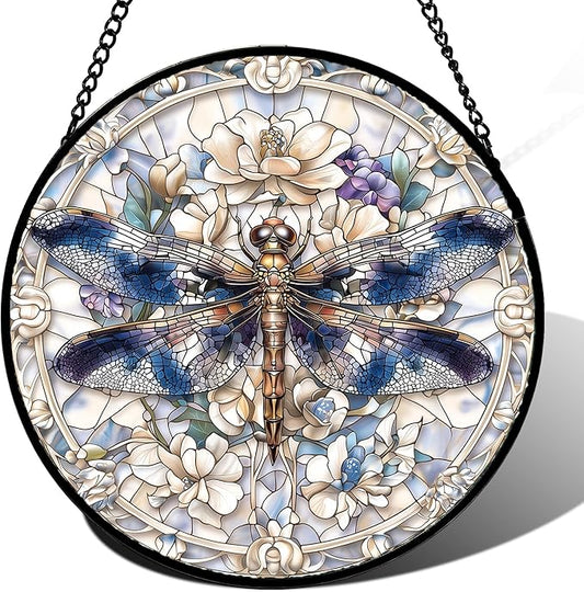 Stained Glass Window Hanging, Dragonfly Flower Suncatcher for Doors Home Sun Catchers Decoration and Christmas, Mother's Day Birthday Gifts for Women, Men, and Mom 14.9x14.9 in