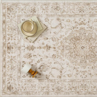 2x6 Beige Runner Rug Washable Hallway Vintage Carpet Kitchen Distressed Small Long Non Slip Low Pile Thin Bedroom Medallion Accent Throw Rug Laundry Living Room