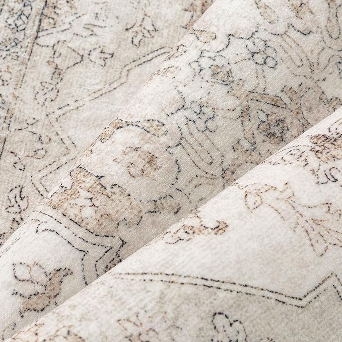 Beige Runner Rug 2'6"x14' Washable Vintage Carpet Hallway Kitchen Soft Retro Low Pile Thin Indoor Bedroom Non Slip Oriental Medallion Long Throw Rug for Bathroom Laundry Dining Room