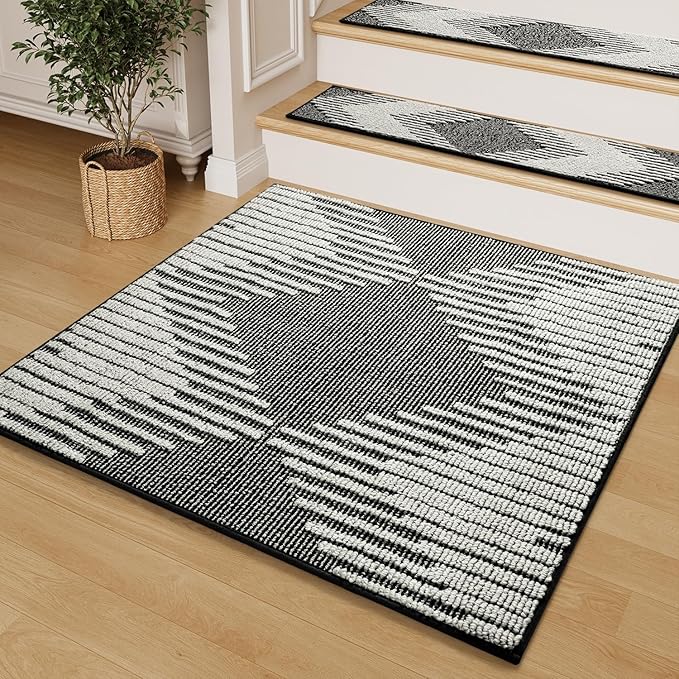 PADOOR Stair Treads Landing Mat Non Slip for Wooden Steps Indoor, 3D Peel and Stick Stair-Carpet Treads Washable Reusable Adhesive Stair Rugs for Kids and Dogs 31"x31" Black