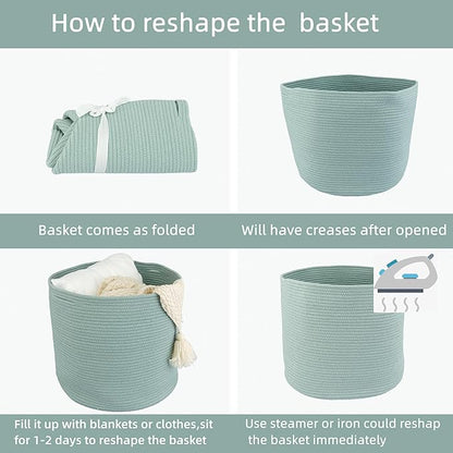 Cotton Rope Basket For Girls Boys Kids 16”X14” Baby Laundry Baskets Nursery Bin Round Woven Basket Organizer For Storage Toys Blankets Shoes Clothes green