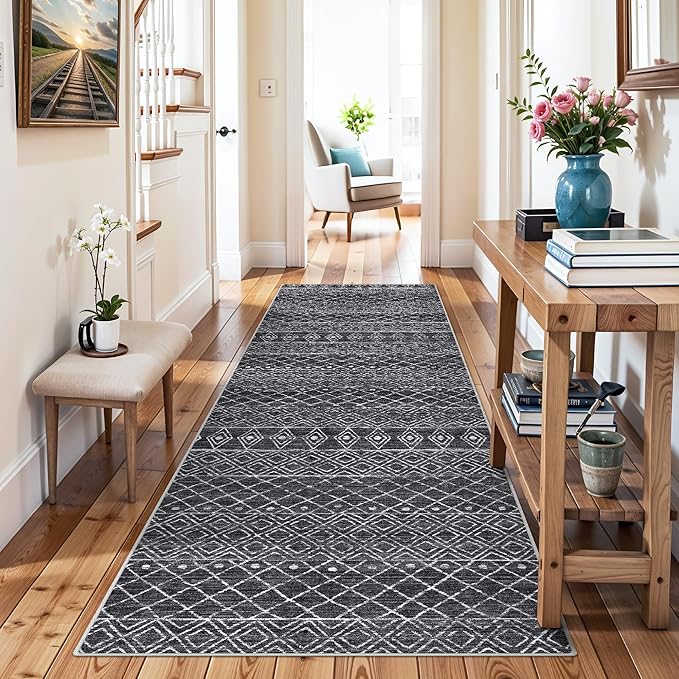 Rug Runners 2x8 for Hallway: Washable Moroccan Rugs Non Slip for Kitchen Entryway Bedroom - Soft Stain Resistant Easy Clean Mat for Family with Pets 2x8 Black