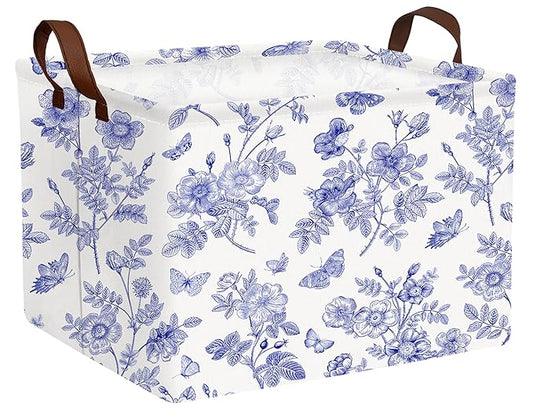 Large Blue Chinoiserie Willow Butterfly Decor Basket Collapsible Storage Bin (Floral)