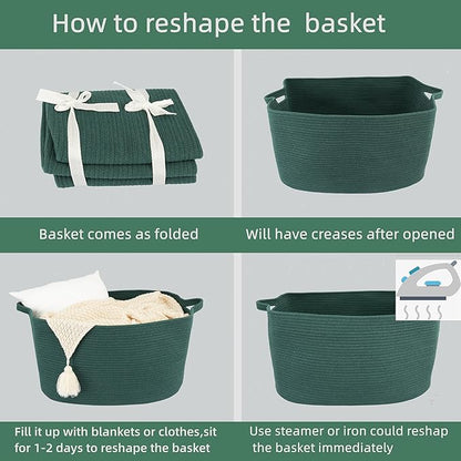 Large Rectangle Blankets Basket Living Room 22"x17"x12" Woven Cotton Rope Storage Basket for Nursery Toy Baskets for Kids and Dogs Wicker Laundry Baskets Bin for Clothes Towels dark green