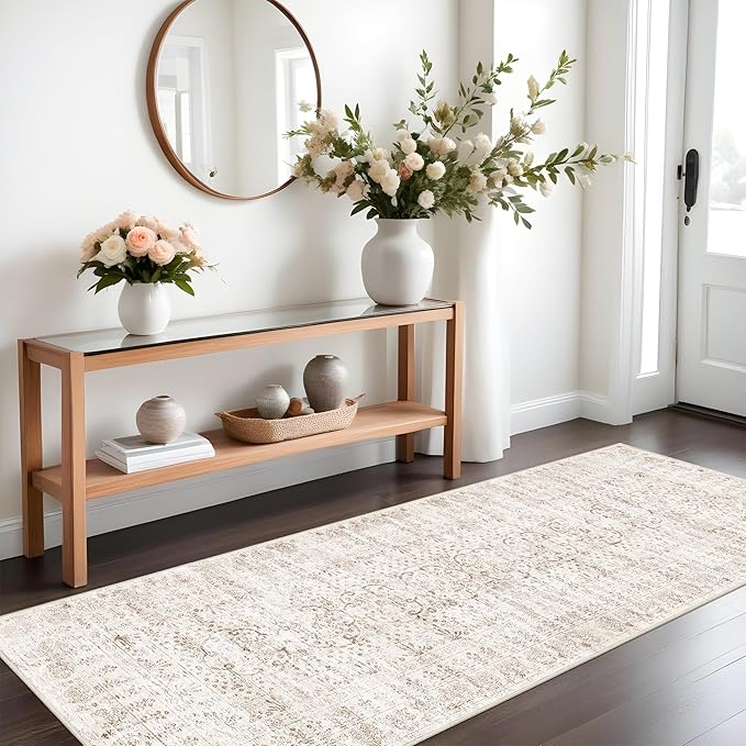 RUUGME Runner Rug 3x8 Washable - Hallway Rugs with Non Slip Backing Low Pile Stain Resistant Rug for Kitchen Bedroom Dining Room Soft Boho Vintage Thin Carpet Home Decor Floor Mat 3x8 Beige Brown