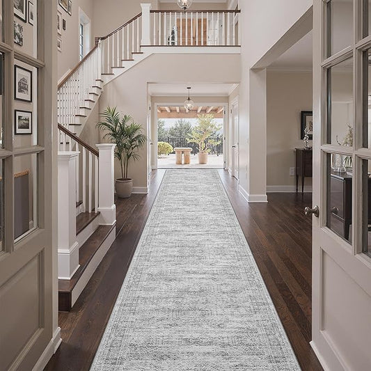 3x20 Washable Runner Rug for Hallway, Non-Slip Long Hallway Runner for Entryway, Soft Vintage Kitchen Mats for Floor, Abstract Dining Room, Bedroom, Living Room Rugs(3'x20', Grey/Ivory)