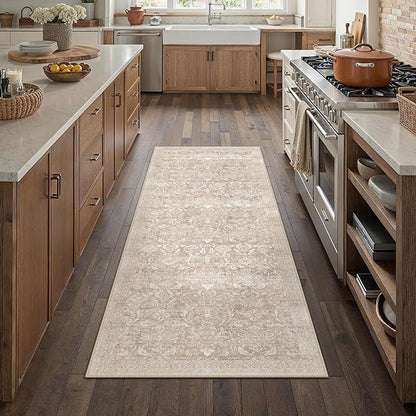2x6 Runner Rug Washable Beige Vintage Hallway Kitchen Carpet Indoor Non Slip Small Low Plie Thin Bedroom Bathroom Rug Retro Accent Throw Dining Living Room