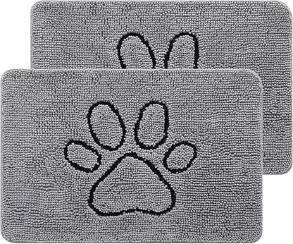 Smiry 2 Piece Dog Door Mat for Muddy Paws, Absorbent Dirt Trapper Non Slip Quick Dry Washable Chenille Mat for Mud Dogs, Entry Rug for Indoor and Outdoor (24x16 Inches, Grey)
