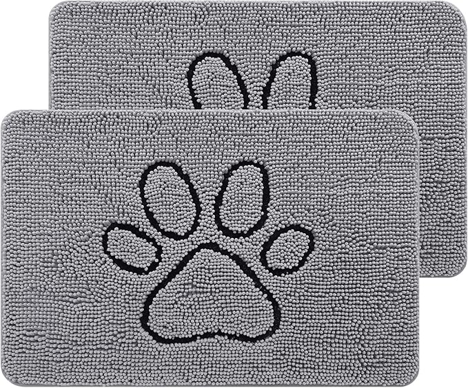 Smiry 2 Piece Dog Door Mat for Muddy Paws, Absorbent Dirt Trapper Non Slip Quick Dry Washable Chenille Mat for Mud Dogs, Entry Rug for Indoor and Outdoor (30x20 Inches, Grey)
