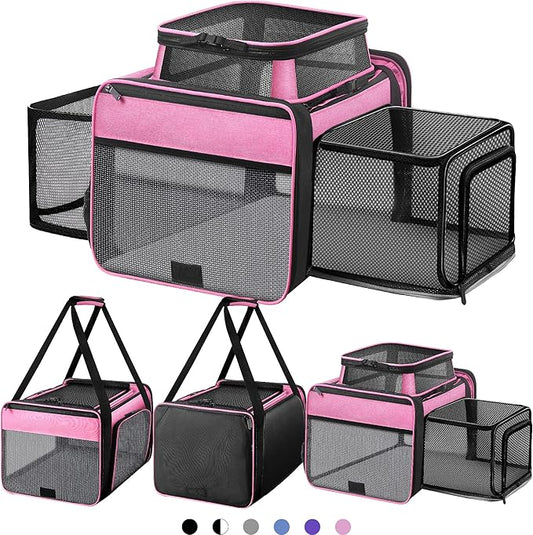 Top and 2 Sides Expandable Cat Carrier 18x11x11, TSA Airline Approved Dog Carriers for Small Dogs, Soft-Sided Pet Carrier with Self-Locking Zippers for Kitten,Rabbit, Puppy, Guinea Pig Pink