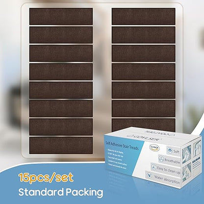 Peel and Stick Self Adhesive Jute Carpet Stair Treads, 15 Pack Rubber Backed Basement Safety Stair Mats, Non Slip Stair Cover Step Pads for Stairs, Deep Brown