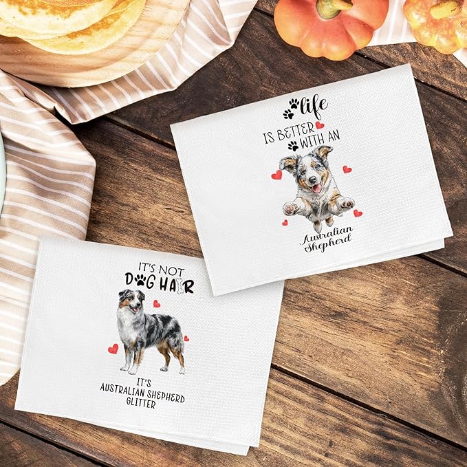 Australian Shepherd Gifts Kitchen Towels Set of 2, Funny Dog Hand Towels for Kitchen Bathroom Decor, for Women Dog Lovers Moms Owners Dishcloths Dish Towel 16X24 Inches