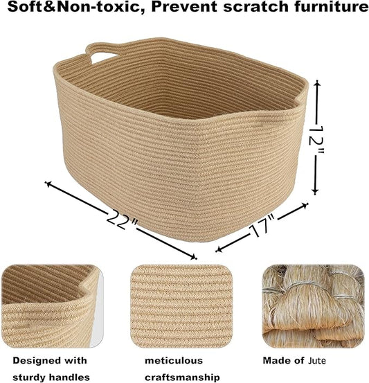 Large Rectangle Blankets Basket Living Room 22"x17"x12" Woven Jute Rope Storage Baskets for Nursery Toy Baskets for Kids and Dogs Wicker Laundry Basket Bin for Clothes Towels