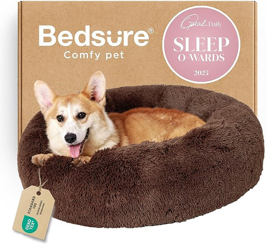 Bedsure Calming Dog Bed for Medium Dogs - Donut Washable Medium Pet Bed, 30 inches Anti-Slip Round Fluffy Plush Faux Fur Cat Bed, Fits up to 45 lbs Pets, Coffee