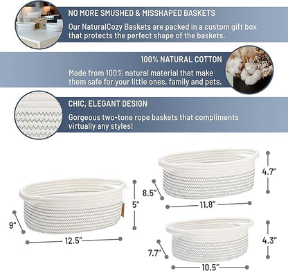 NaturalCozy 3-Piece Oval Storage Basket Set– Soft Natural Rope Woven Baskets for Storage Shelf, Toy, Nursery, Gift, Baby Shower, Pets Cat Dog Bins | Small Basket for Organizing (Black Stitching)