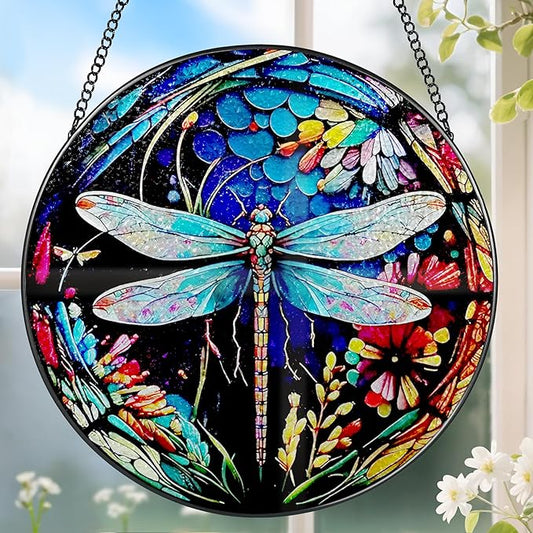 8 Inch Stained Glass Suncatcher Ornament, DOUHASU Dragonfly Sun Catchers Indoor Window, Stained Glass Window Hanging, Home Decor, Dragonfly Lovers Gifts for Women, Mom, Grandma, Friend