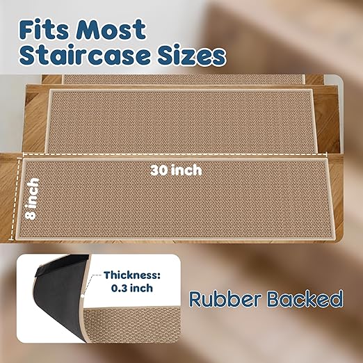 GOYLSER Peel and Sticker Jute Stair Treads Non Slip for Wooden Steps Indoor, 15 Pack Rubber Backed Stair Pads Rug, Removable Khaki Adhesive Staircase Mat Step Cover