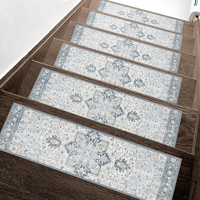 Non Slip Stair Treads for Wooden Steps 15PCS - 8"x30" Indoor Safety Carpet, Edging Mats with TPE Adhesive Backing, Pet and Elderly Friendly Stair Rugs (Blue)