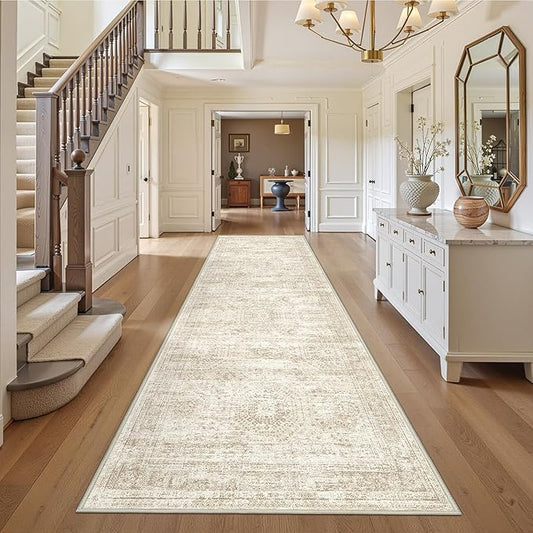 3x12 Runner Rug for Hallway, Non-Slip Long Bathroom Rugs Runner for Kitchen, Bedroom, Soft Vintage Abstract Washable Rug for Entryway, Thin Floor Mat for Dining Room(3'x12', Beige/Ivory)